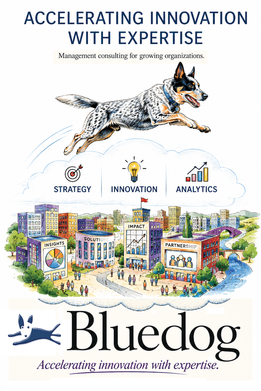 Bluedog management consulting illustration showing strategy, innovation, analytics, insights, solutions, impact and partnership.